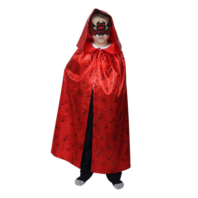 Страна карнавалия Карнавальный плащ с капюшоном, паутина на красном, атлас, длина 85 см + маска