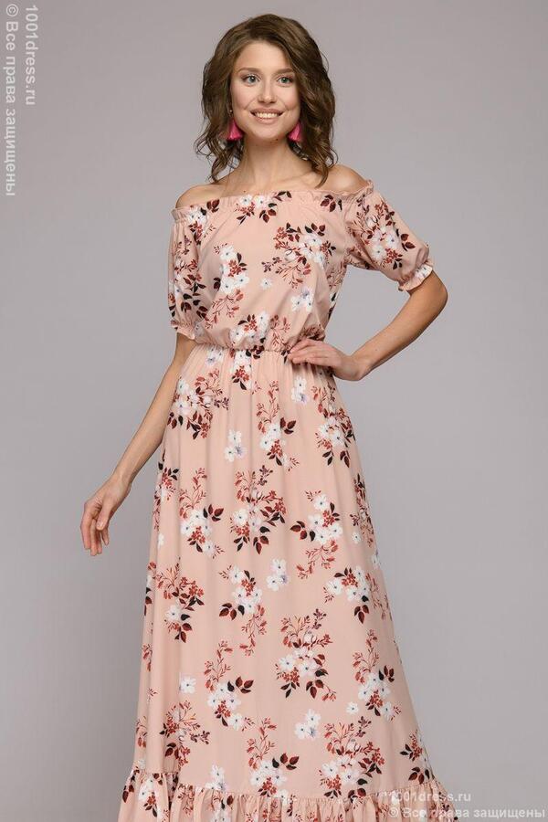 Платье персиковое с цветочным принтом длины макси