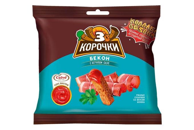Яшкино «3 Корочки», сухарики со вкусом бекона и кетчупом «Calve», 85 г