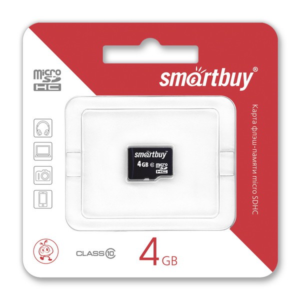 Карта памяти MicroSDHC SmartBuy 4GB cl10, SB4GBSDCL10-00