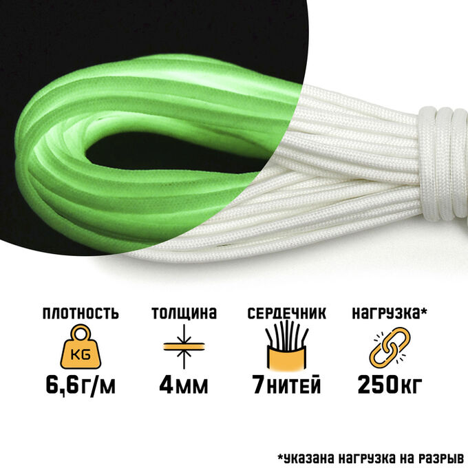 СИМА-ЛЕНД Паракорд &quot;Мастер К.&quot; 550 светящийся в темноте, 4 мм, 10 м, белый