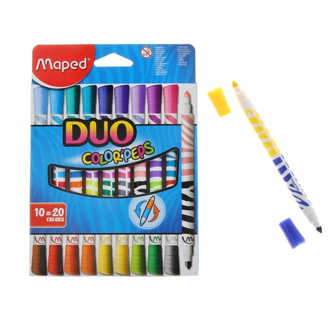 MAPED Фломастеры двухсторонние, 20 цветов Duo, с треугольным заблокированным пишущим узлом, европодвес