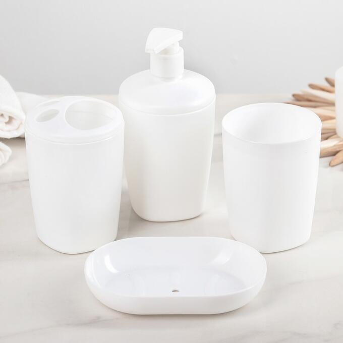 BEROSSI Набор аксессуаров для ванной комнаты Aqua, 4 предмета (дозатор, мылница, 2 стакана), цвет белый