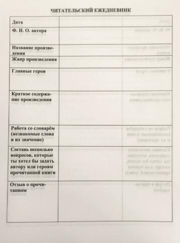 План читательский дневник 6 класс