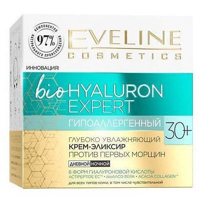EVELINE BioHYALURON EXPERT Крем - эликсир для лица Гипоаллергенный глубоко Увлажняющий Против Первых Морщин 30+ 50мл