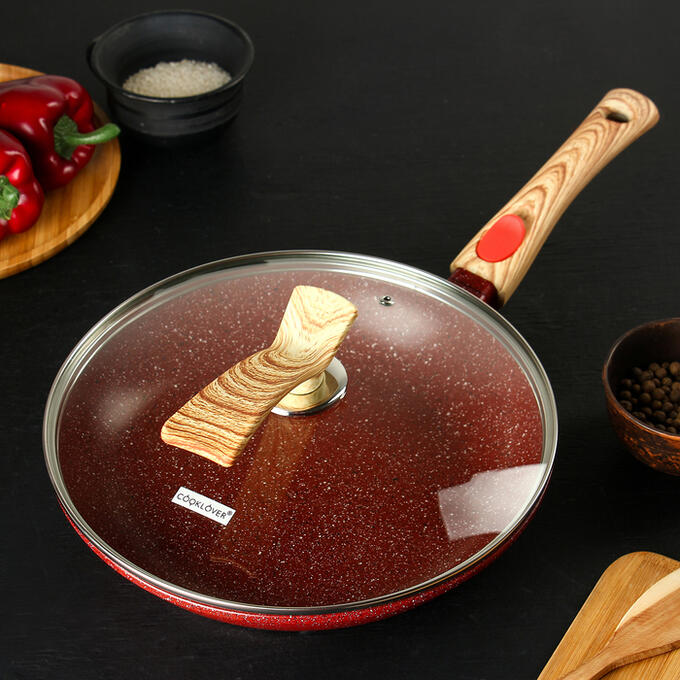 Сковорода литая «Рубин», d=28 см, стеклянная крышка, съёмная ручка, индукция