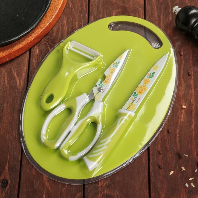 Доляна Набор кухонный, 3 предмета: нож, ножницы с антиналипающим покрытием, овощечистка, цвет зелёный