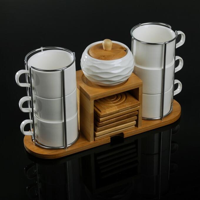 СИМА-ЛЕНД Набор чайный «Эстет», 13 предметов: 6 чашек 150 мл, 6 подставок, сахарница 200 мл, на деревянной подставке