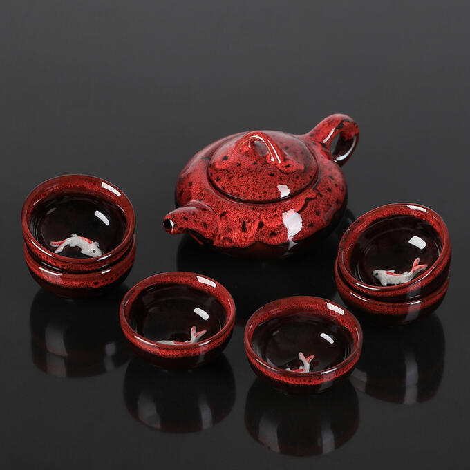 Набор для чайной церемонии &quot;Лунное озеро&quot;, 7 предметов: чайник 150 мл, 6 пиал 50 мл, цвет красный