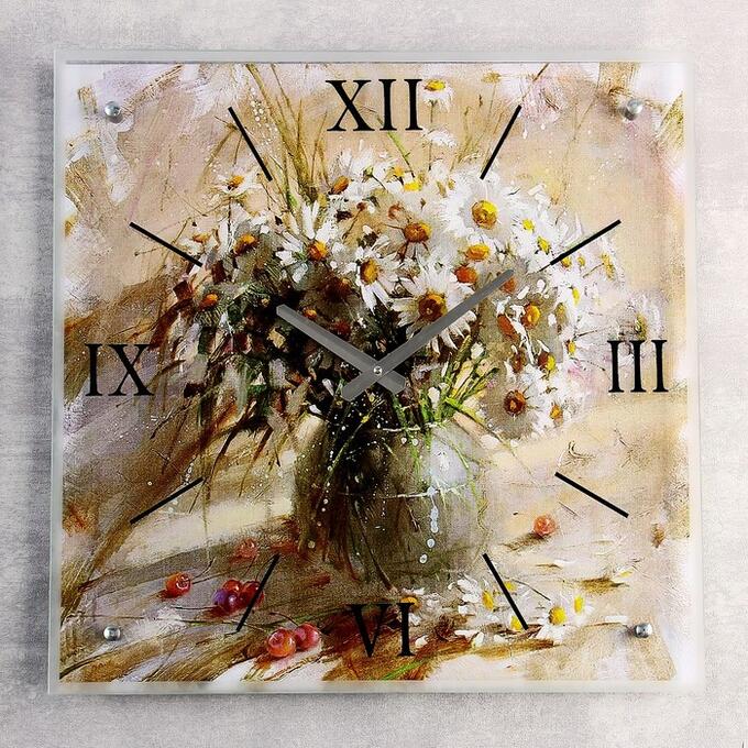 Часы настенные, серия: Цветы, &quot;Ваза с белыми ромашками&quot;, 50х50  см, микс