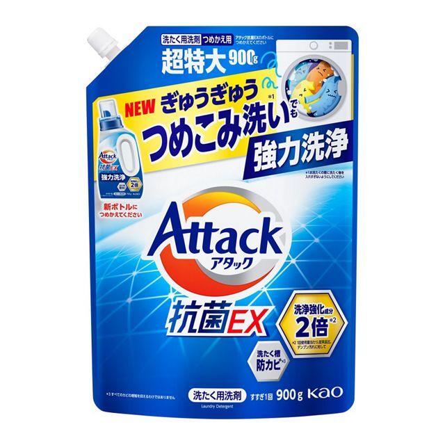 KAO &quot;Attack ЕХ&quot; Высокоэффективный гель для стирки белья с антибактериальным эффектом, освежающий аромат, сменная упаковка с крышкой, 900гр