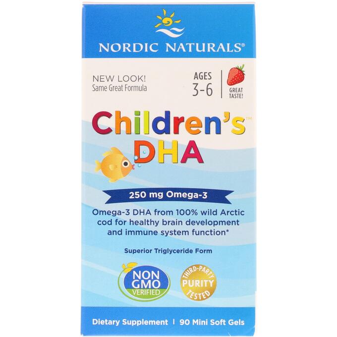 Nordic Naturals, Children&#039;s DHA, клубника, 250 мг, 90 мягких миникапсул