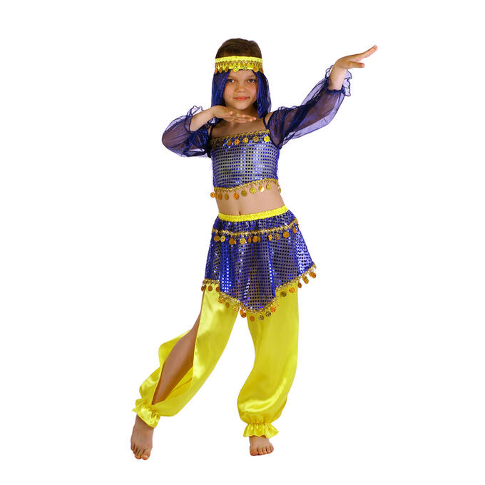 Карнавальный костюм &quot;Восточная красавица. Шахерезада&quot;, топ с рукавами, штаны, повязка, цвет сине-жёлтый, р-р 28, рост 98-104 см