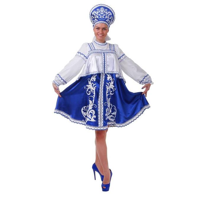 Русский женский костюм, платье с отлетной кокеткой, кокошник, цвет синий, р-р 48, рост 172 см