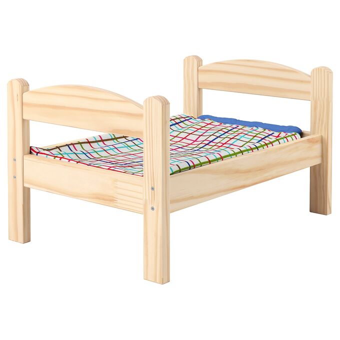 IKEA ДУКТИГ, кукольная кровать с комплектом постельного белья, сосна/разноцветный