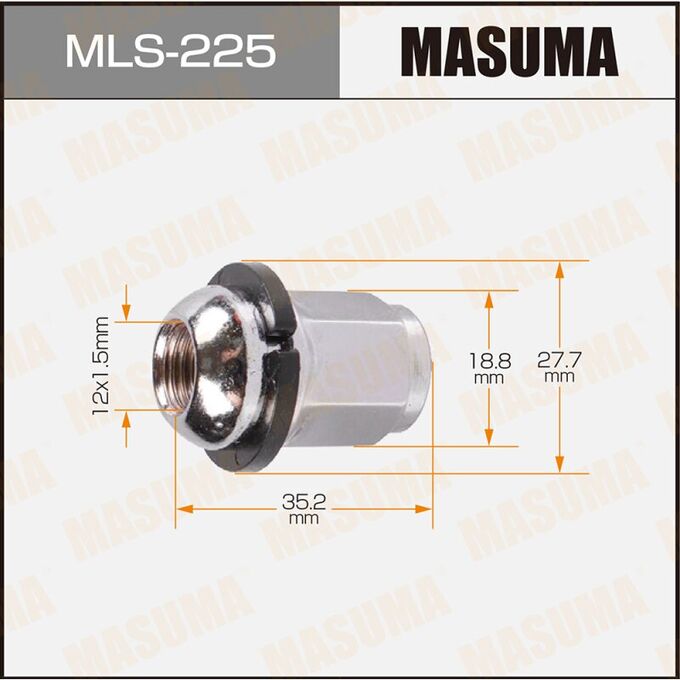 Гайка колесная Masuma MLS-225, закрытая, для Honda, M12x1.5(R), длина 35.2мм, сфера R12, под ключ 19мм