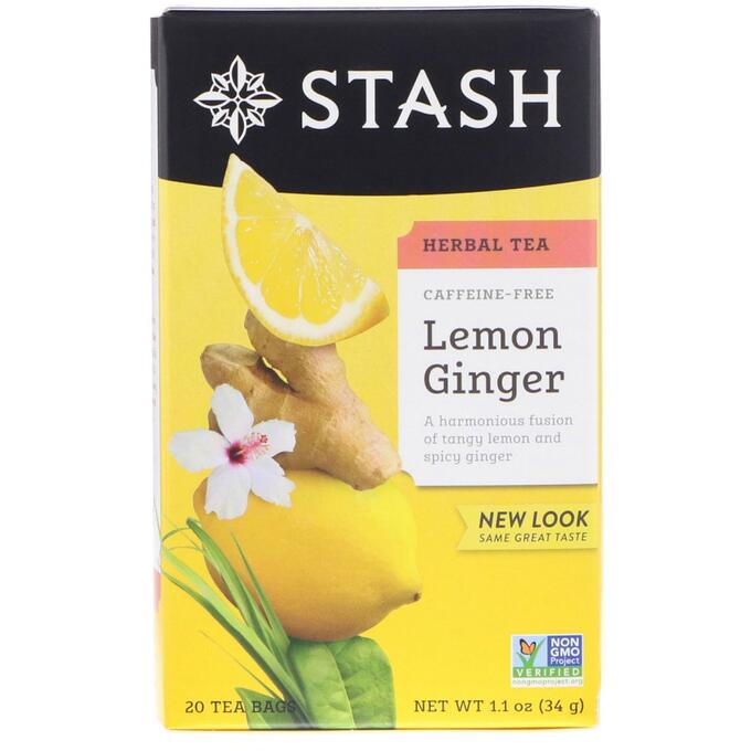 Stash Tea, Травяной чай, лимон и имбирь, без кофеина, 20 чайных пакетиков, 34 г