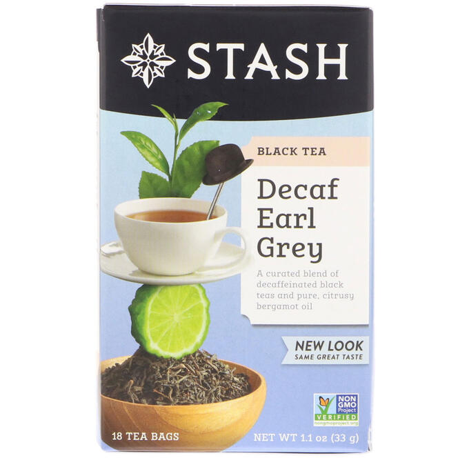 Stash Tea, Черный чай, без кофеина Earl Grey, 18 чайных пакетиков, 1,1 унции (33 г)