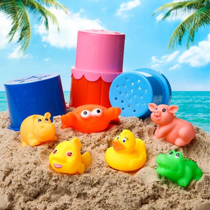 Крошка Я Резиновые игрушки и ведёрко. Набор для купания и игры в песке. Цвет МИКС