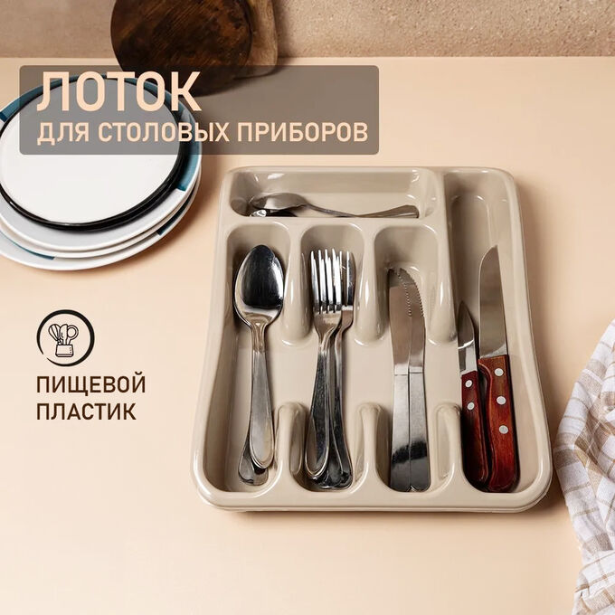 Violet Лоток, органайзер, сушилка для столовых приборов в ящик, кухонных принадлежностей, капучино, 5 секций, пластик, 260х330х50 мм