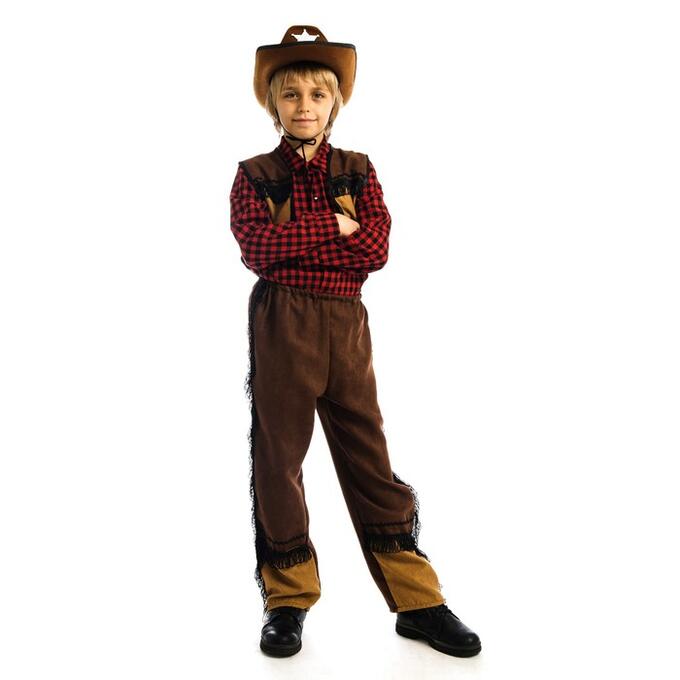 Карнавальный костюм «Ковбой», шляпа, рубашка, жилетка, брюки, р. 30, рост 122 см