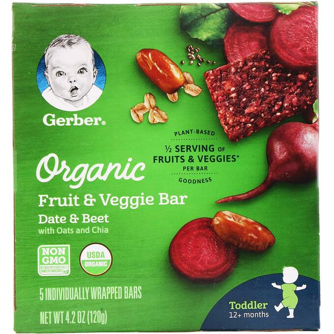 Gerber, Organic Fruit &amp; Veggie Bar, 12+ months, Date &amp; Beet, 5 Individually Wrapped Bars, 4.2 oz (120 g)