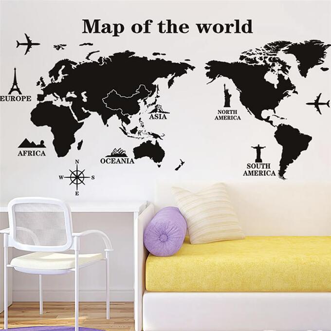 Наклейка &quot;Карта мира&quot; черно-белая виниловая самоклеящаяся