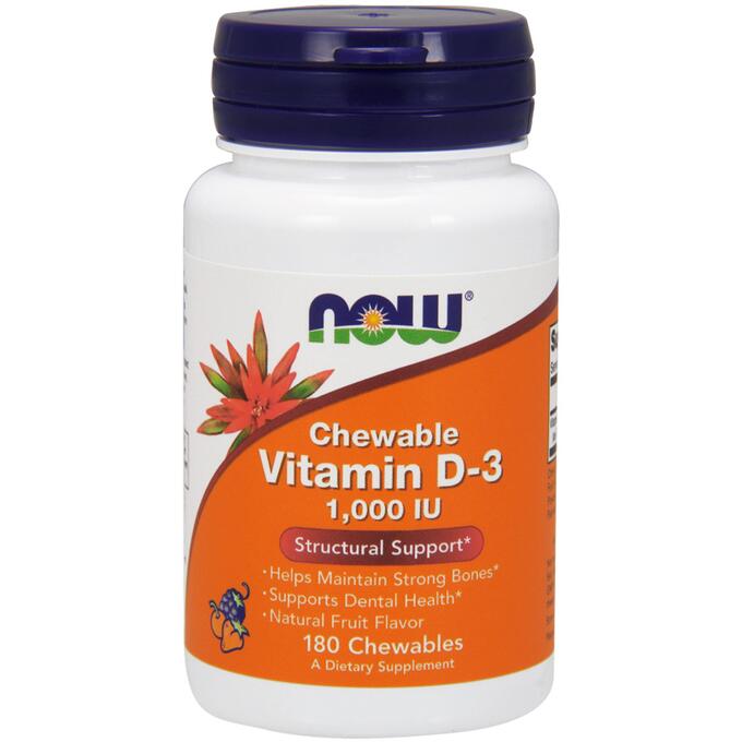 Now Foods, Chewable Vitamin D-3 (жевательный витамин D-3, с натуральным фруктовым вкусом, 1000 МЕ, 180 жевательных таблеток