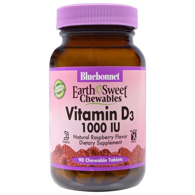 Bluebonnet Nutrition, Жевательный витамин D3 Earth Sweet, с натуральным вкусом малины, 1000 МЕ, 90 жевательных таблеток