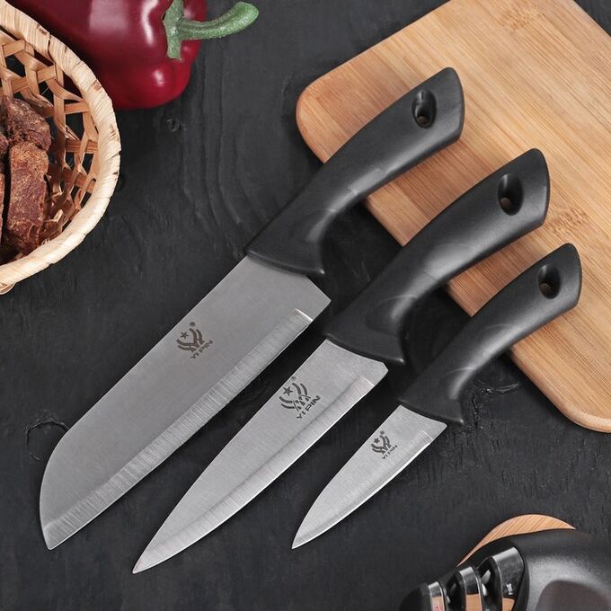 СИМА-ЛЕНД Набор кухонных ножей «Энеолит», 3 предмета: лезвие 8,5 см, 15 см, 17 см, цвет чёрный