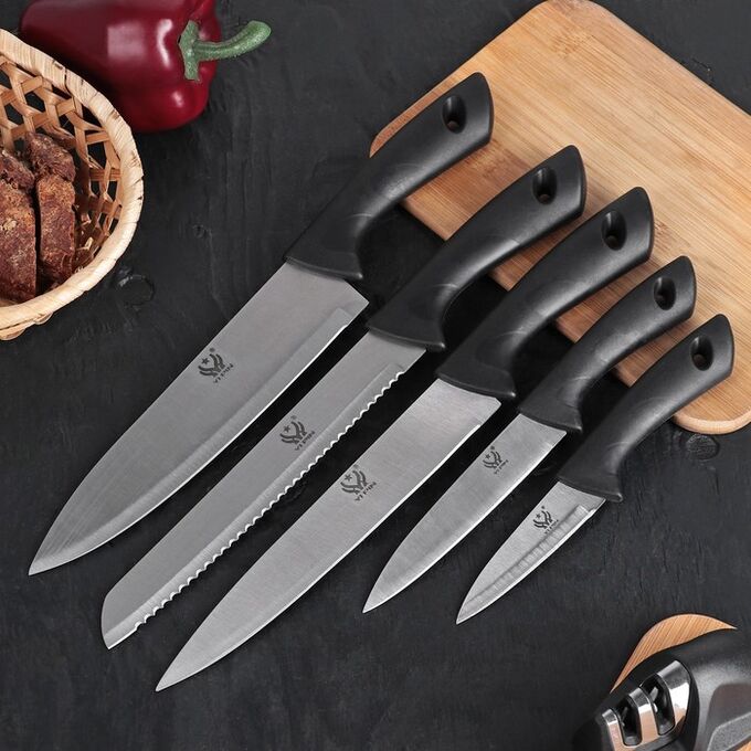 СИМА-ЛЕНД Набор кухонных ножей «Энеолит», 5 предметов: лезвие 8,5 см, 12,5 см, 19,5 см, 20 см, 20 см, цвет чёрный
