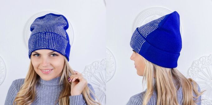 Шапка  &quot;Женская №5 &quot;Beanie-Стразы&quot; Синяя