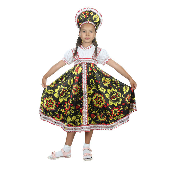 Русский народный костюм &quot;Хохлома&quot;, платье, кокошник, цвет чёрный, р-р 30, рост 110-116 см