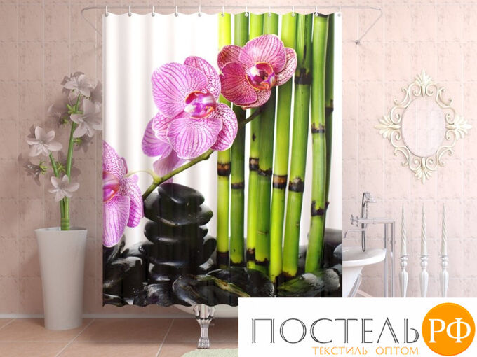 Фотоштора для ванной 145x180, 1 полотно, на люверсах Цветы и бамбук