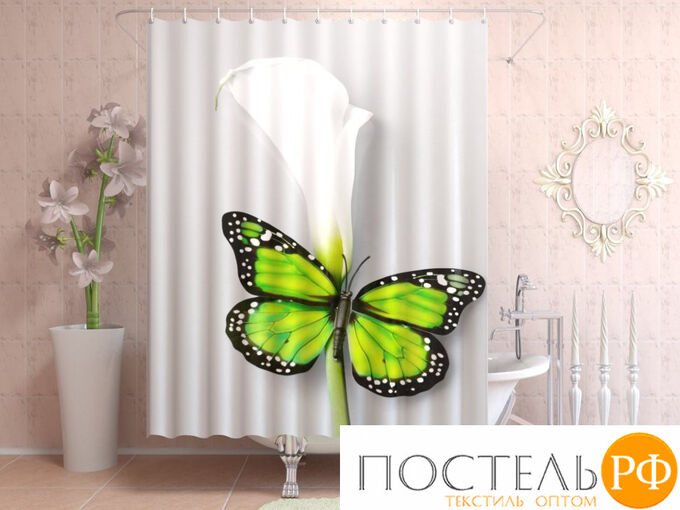 Фотоштора для ванной 145x180, 1 полотно, на люверсах Зеленая бабочка