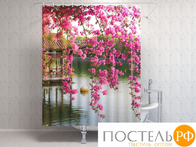 Фотоштора для ванной 145x180, 1 полотно, на люверсах Цветы в китайском парке