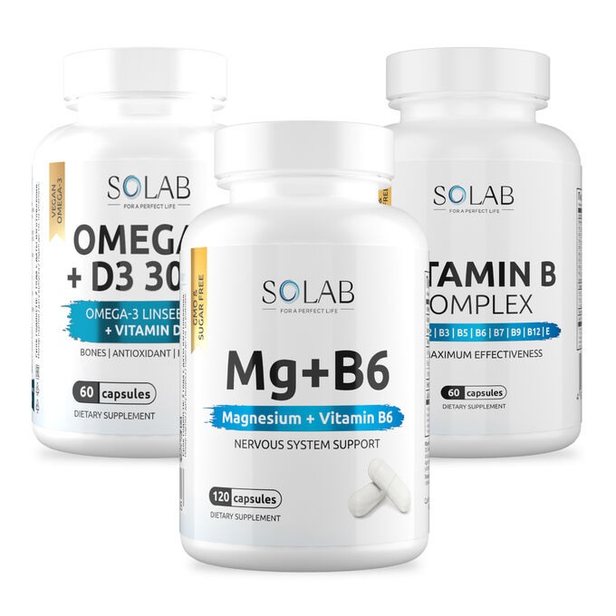 SOLAB Набор витаминов. Omega-3+Витамин Д3 600МЕ 60 капсул + Магний + Витамин В6 120 капсул + подарок Витамины группы В 60 капсул