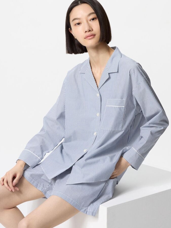 UNIQLO - тонкая хлопковая пижама с длинным рукавом - 66 BLUE