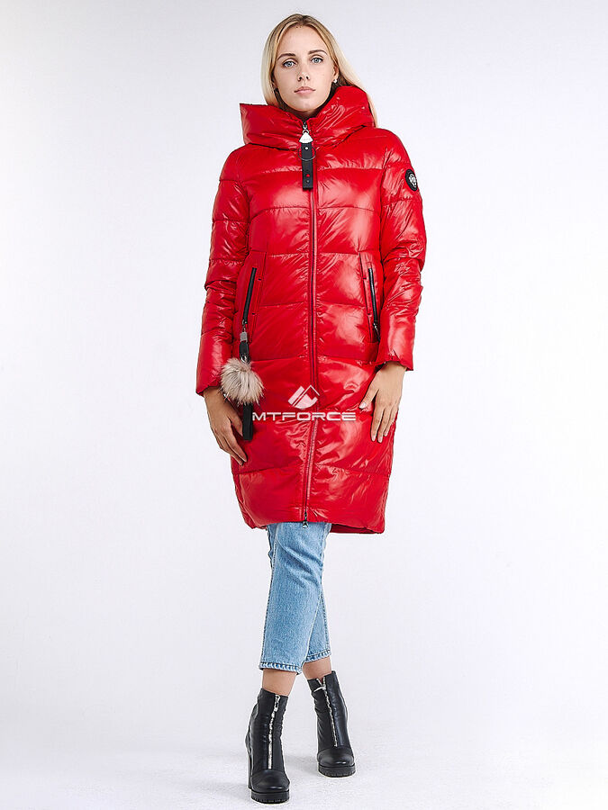 Женская зимняя молодежная куртка удлиненная красного цвета