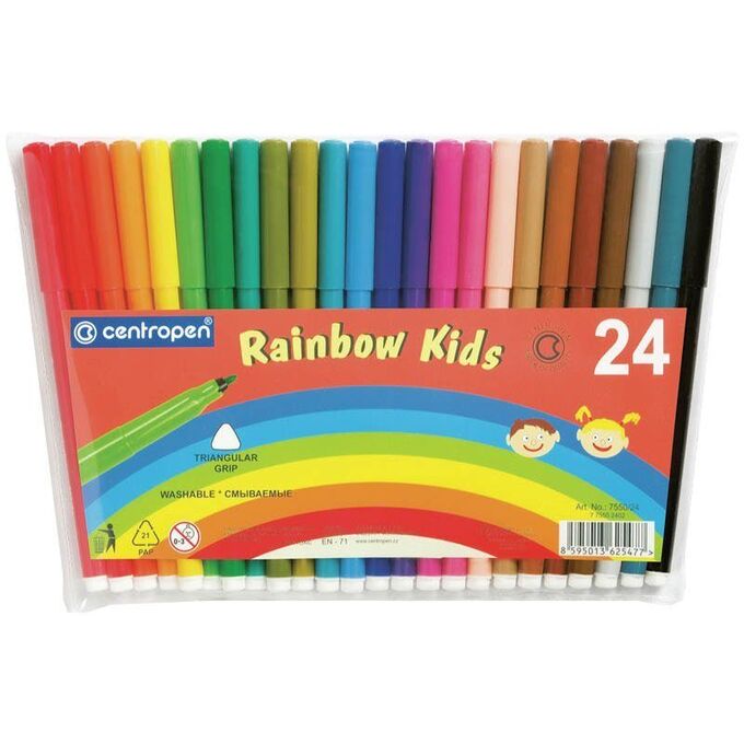 Фломастеры Centropen &quot;Rainbow Kids&quot;, 24цв., трехгранные, смываемые, ПВХ
