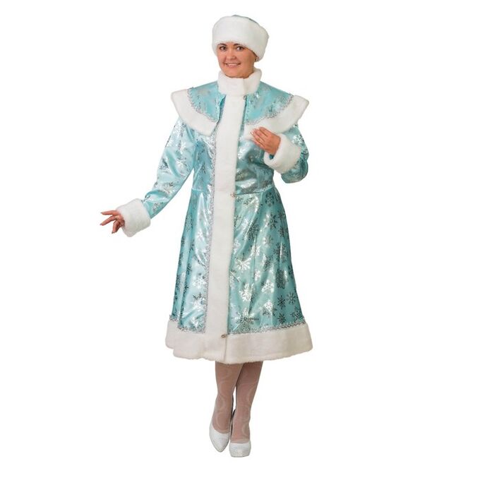 Карнавальный костюм &quot;Снегурочка  сатин бирюза со снежинками&quot;, шуба, шапка, р.50-52