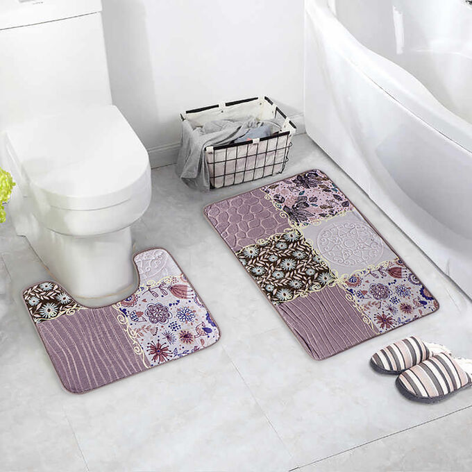 Набор ковриков для ванны и туалета  «Коллаж», 2 шт: 40?50, 50?80 см, цвет серо-розовый