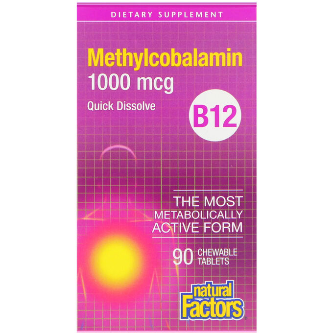 Natural Factors, B12, метилкобаламин, 1000 мкг, 90 жевательных таблеток