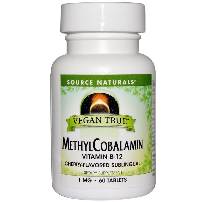 Source Naturals, Vegan True, метилкобаламин, ароматизатор «Вишня», 1 мг, 60 сублингвальных таблеток