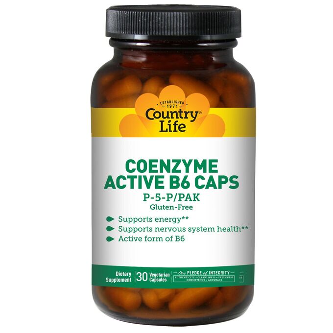 Country Life, Коферментный активный витамин B6 в капсулах, P-5-P/PAK, 30 растительных капсул