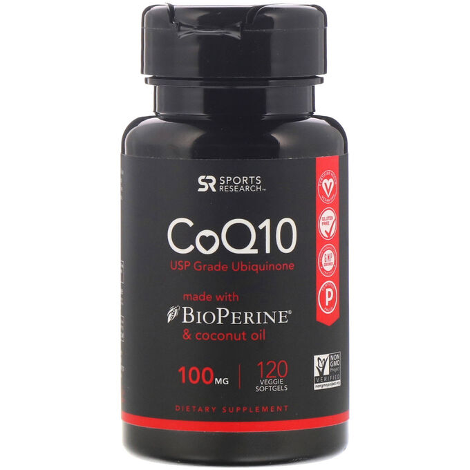 Sports Research, Коэнзим Q10 с экстрактом BioPerine и кокосовым маслом, 100 мг, 120 растительных мягких таблеток