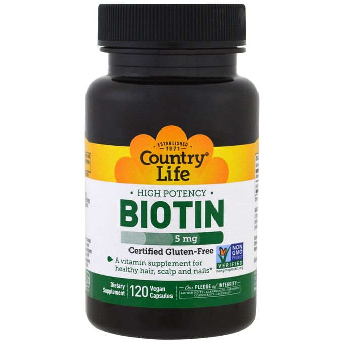 Country Life, Высокоэффективный биотин, 5 мг, 120 веганских капсул
