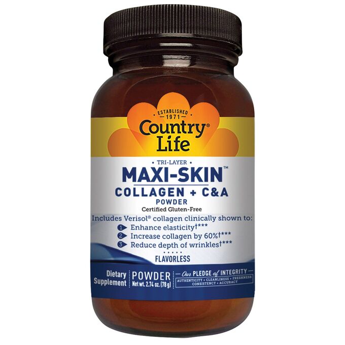 Country Life, Tri-Layer Maxi-Skin Collagen + C &amp; A Powder, Flavorless, 2.74 oz (78 g)