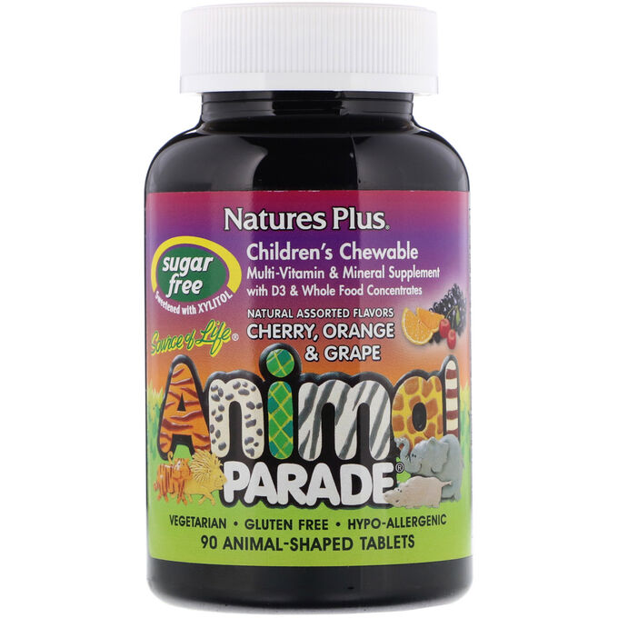 Nature&#039;s Plus, Source of Life, Animal Parade, детские жевательные мультивитамины и минералы, различные натуральные ароматизаторы, 90 таблеток в форме животных