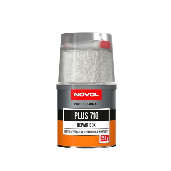 Ремонтный комплект Novol Repair Box Plus 710, для заполнения повреждений металла и пластика (смола, отвердитель Betox-50PC и стекломат 19x120см), банка 242г + туба 8г, арт. 36101